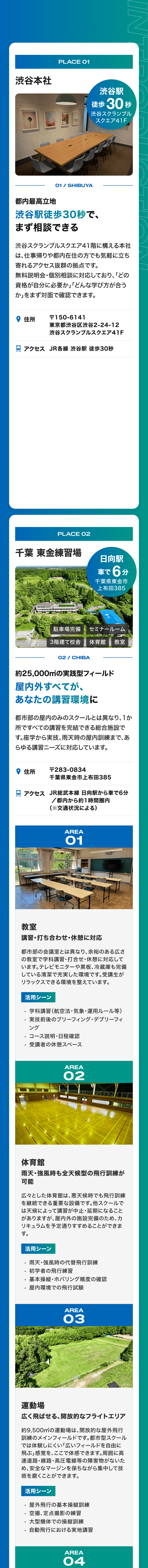 渋谷本社の相談窓口と、千葉東金練習場の教室・体育館・運動場（AREA 01〜03）の設備写真