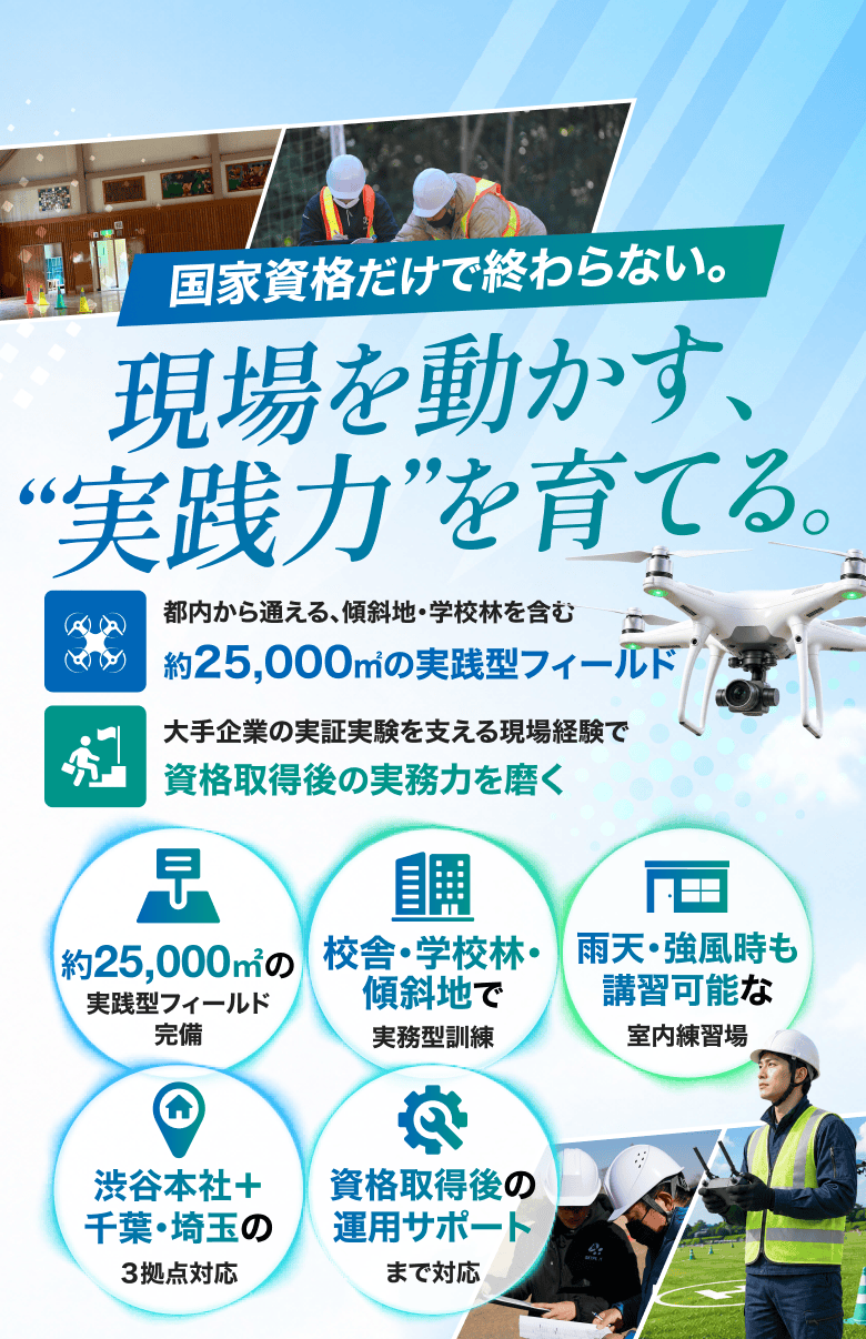 現場を動かす“実践力”を育てるドローンスクール。約25,000㎡の実践型フィールドと3拠点で、資格取得後の実務力まで磨けます